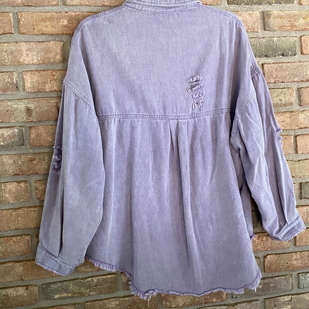 Lavender Distressed High Low Jacket Oversized Small P2P 23” - Picture 3 of 11